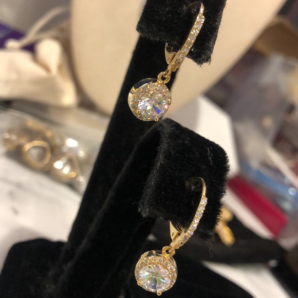 Gold Cubic Zirconia Halo French Wire Earrings-Boutique - Picture 4 of 7